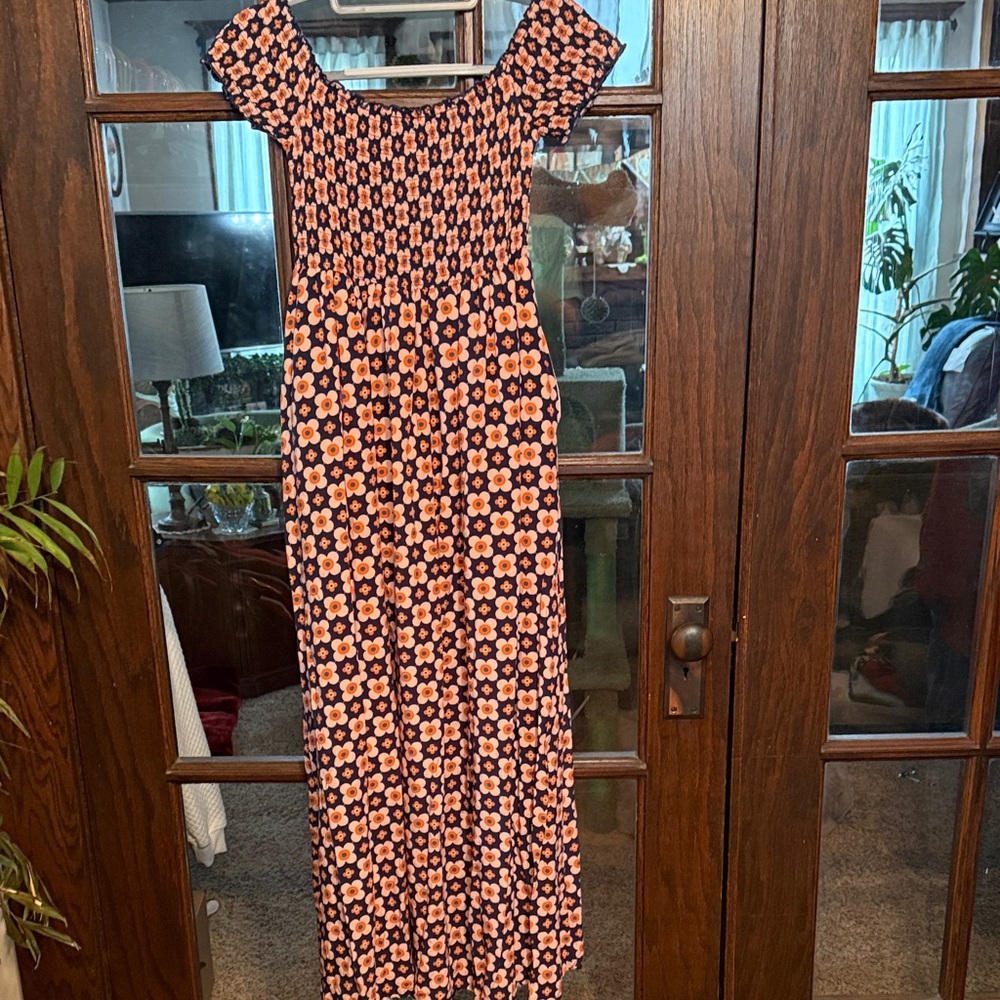 Blakeley Womens Floral Smocked Maxi Dress Navy Orange Retro 70s Pockets L/XL